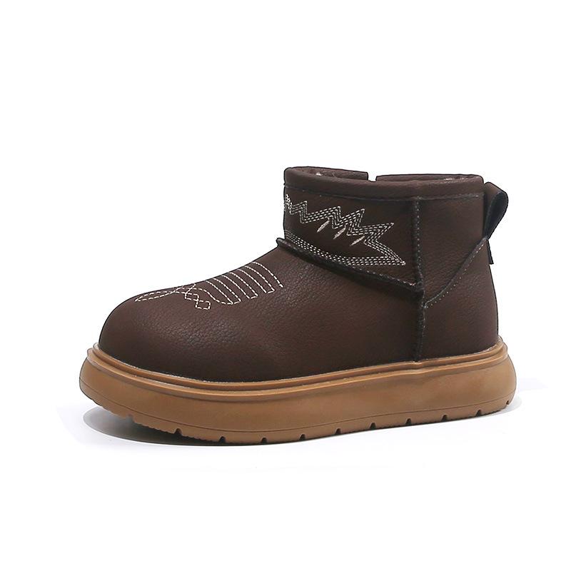 

[Winter Thickened Kids Snow Boots Leather Solid Cotton Shoes for Boys Girls Warm Lined Toddler Snow Boots] size 27 коричневый