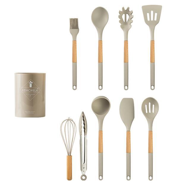 10/13 PCS Silicone Kitchen Cookware High Temperature Resistant Non-Stick Wooden Handle Spatula Baking Tools Cookware Set