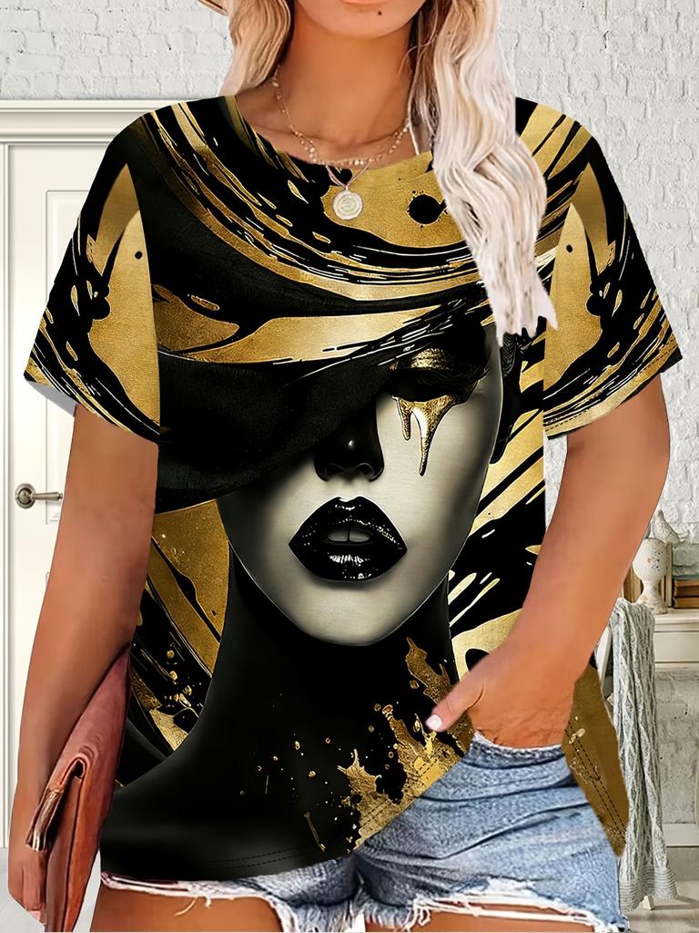 Vintage African Woman 3D Print T-Shirt for Women Retro Art Graphic Tee Casual Crew Neck Short Sleeve Summer Top Plus Size Tees