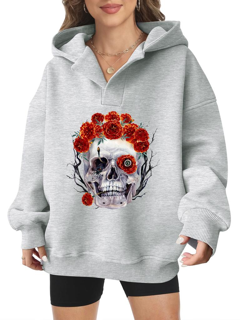 2025 new European and American Halloween women's hooded sweater front and rear pattern winter fleece loose casual