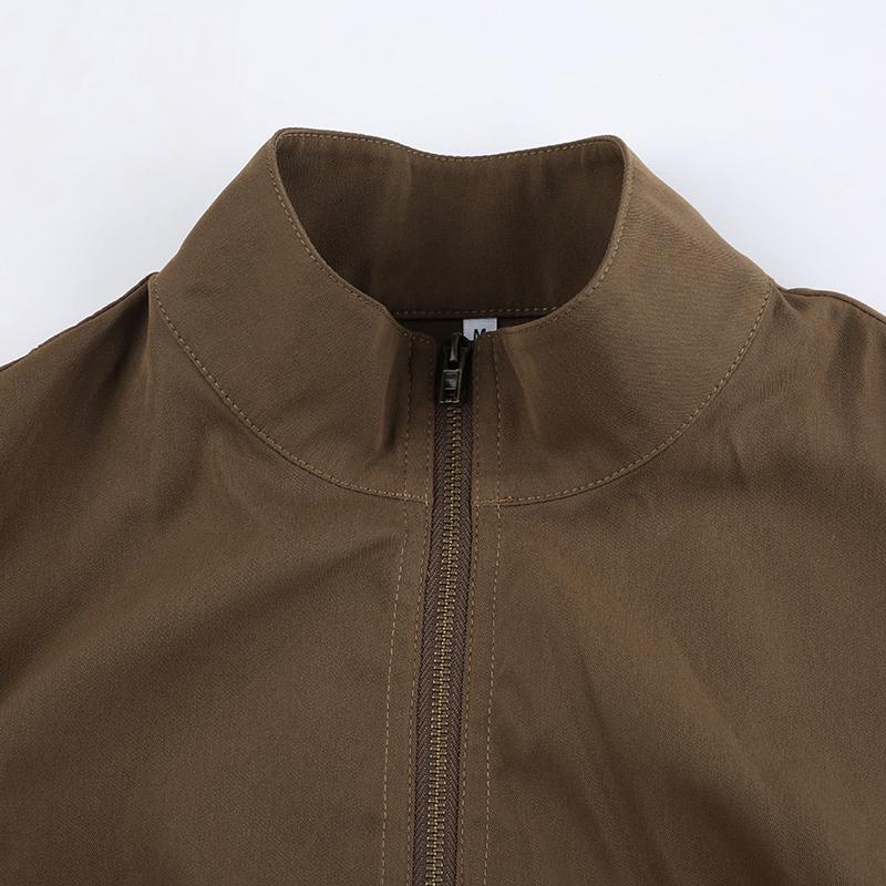 VAYLA Vintage Cropped Jackets Women Stand Collar Solid Color Casual Coats Slim Pocket Zip Up Harajuku Safari Style Outwear