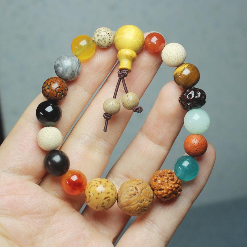 Traditional Chinese 18 Bodhi Seeds Mala Bracelet, Lingyin Style Multi-Treasure Prayer Beads for Couples