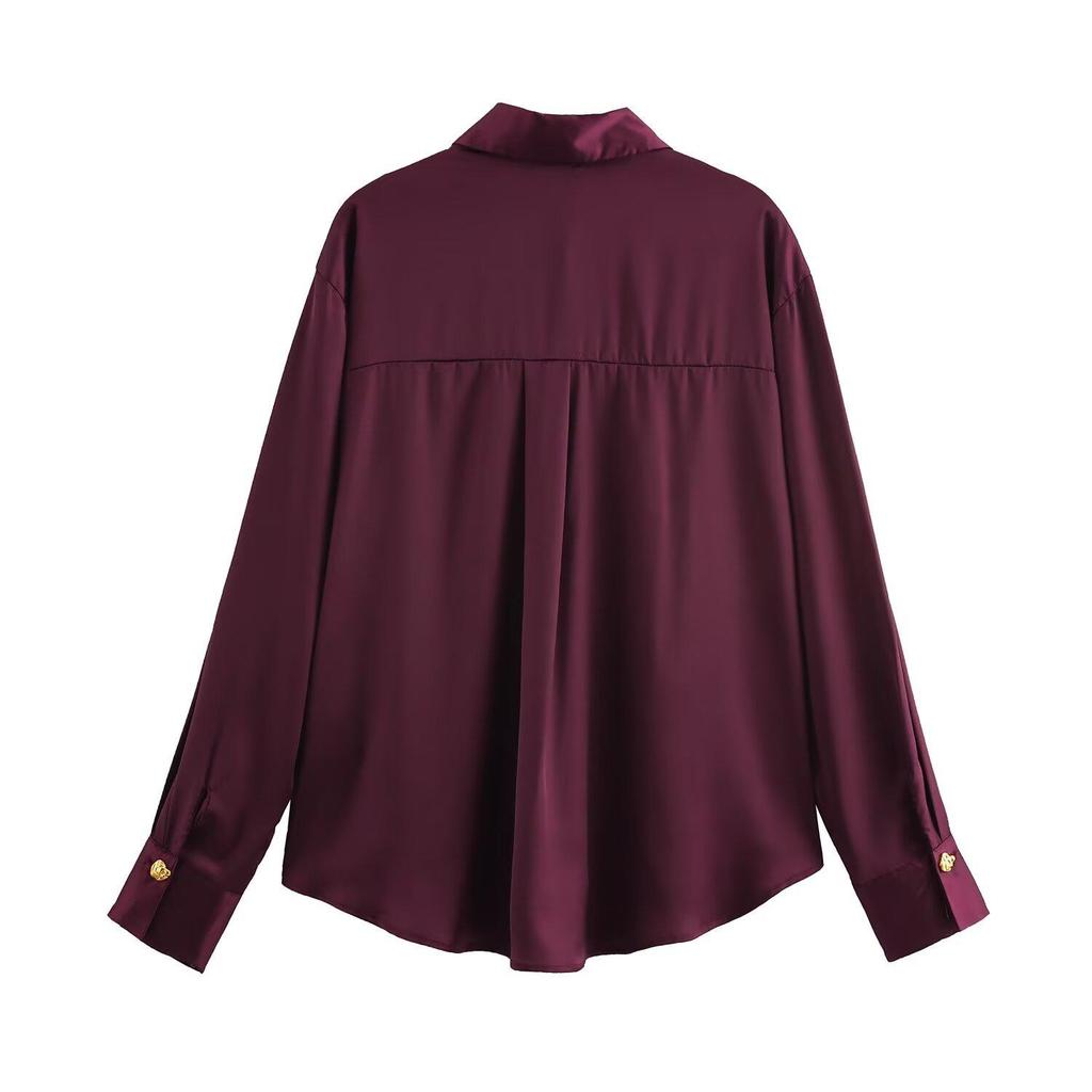 Women's Spring 2025 Silk Satin Long-Sleeve Shirt with Turn-Down Collar