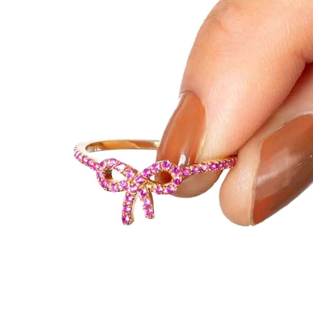 Pink Crystal Bowknot Rings for Women Girls Sweet Cool Butterfly Knot Finger Rings Party Fashion Jewelry Gift Accessories
