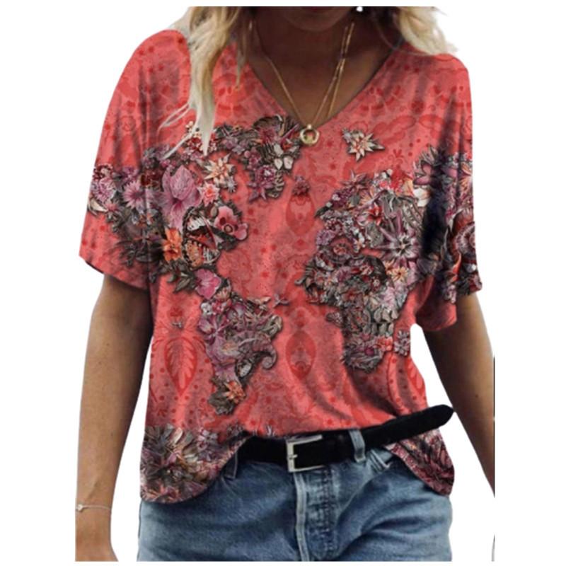 Women's Map Trend Printed Fashion V-neck Short Sleeved T-shirt