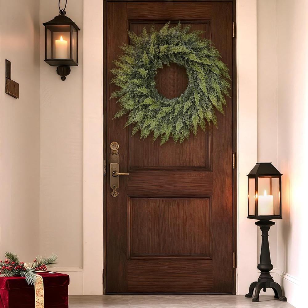 20" Real Touch Cedar Wreath for Front Door, Artificial Christmas Wreaths Faux Cedar Green Fake Pine Needles Wreath for Front Door Wall Windows Indoor