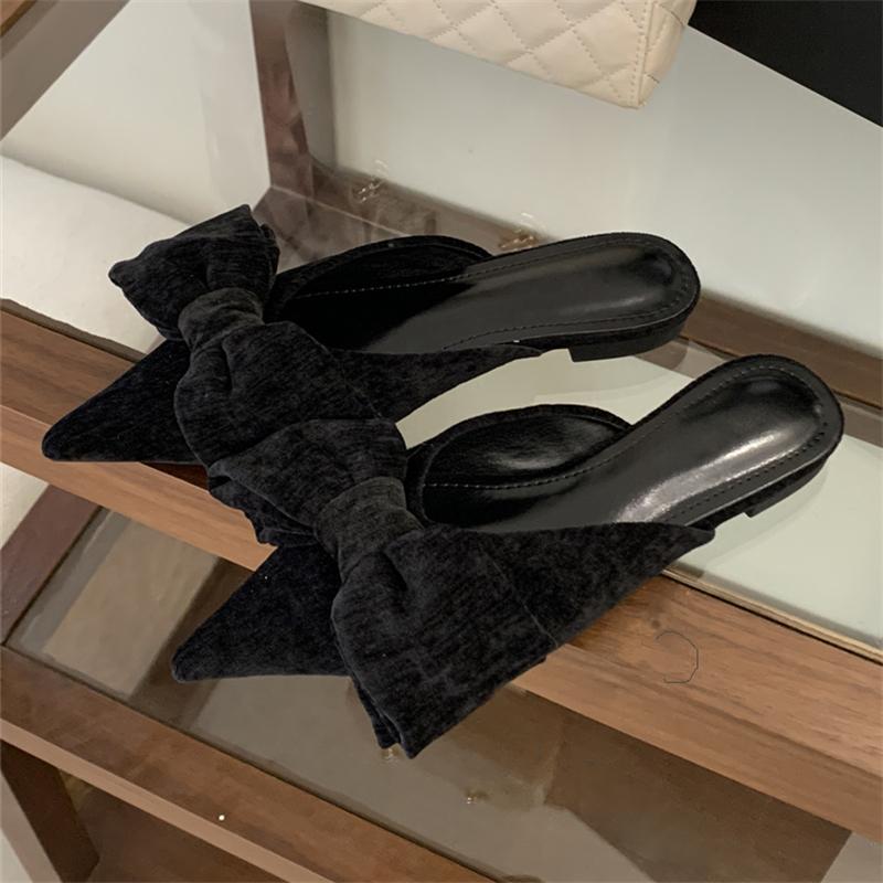 Eilyken 2026 Spring Autumn Elegant Designer Big Butterfly Knot Mules Women Slippers Pointed Toe Stripper Square Heel Ladies Shoe 35 чёрный