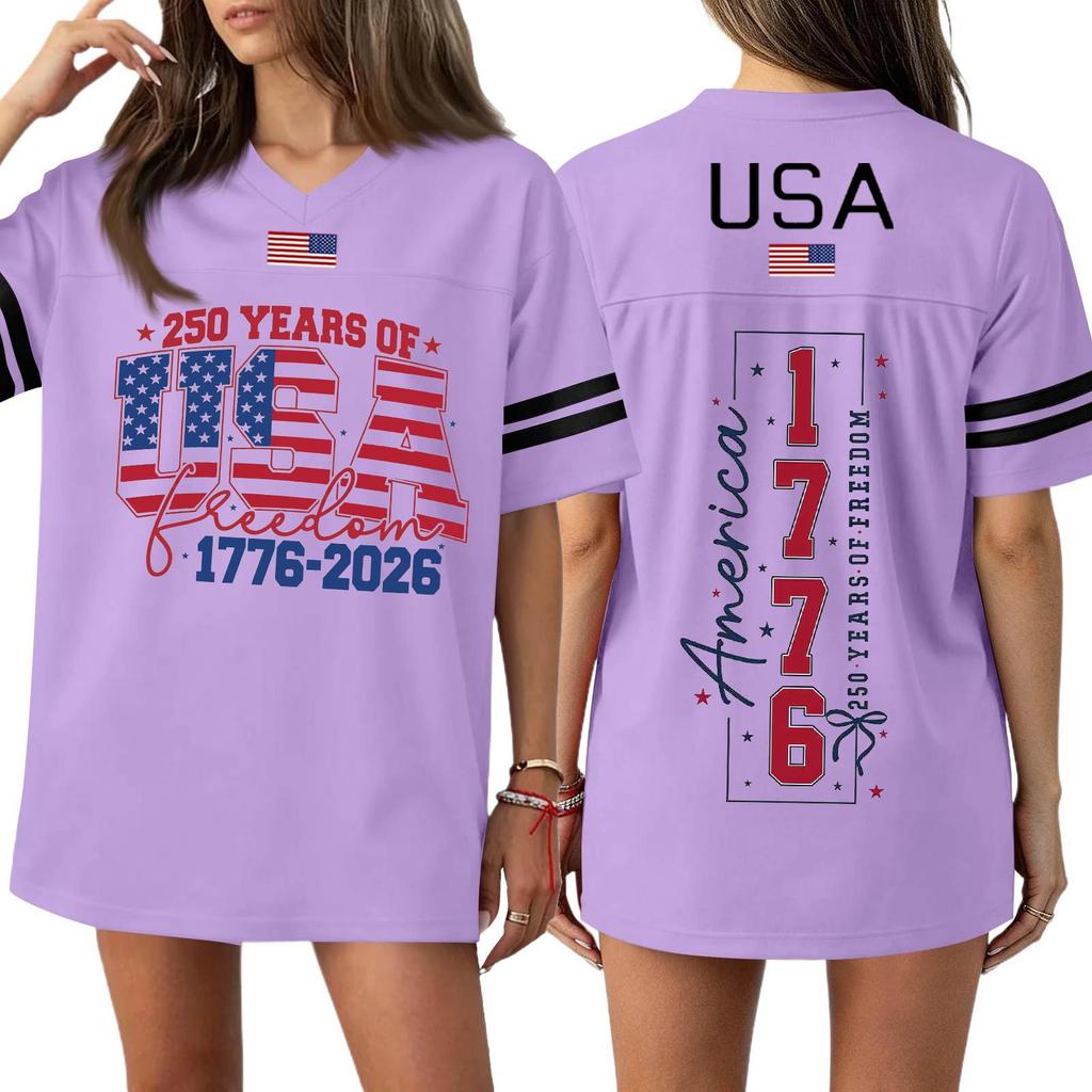 T-shirt Sport Haut Casual Mode Femme Col en V Impression Jour de l'Indépendance Manches Courtes