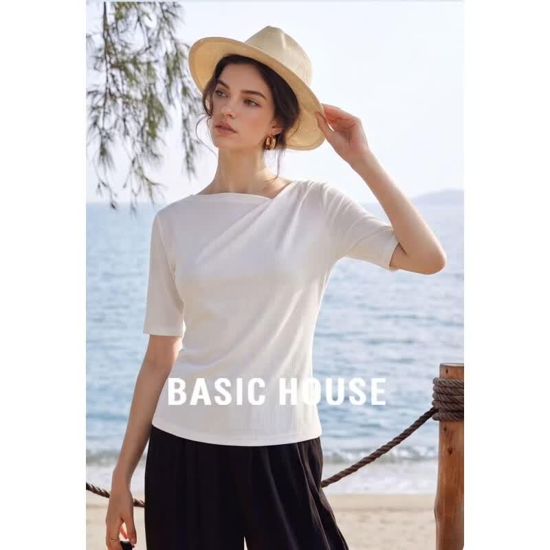 Basic House Women s Silk Blend Asymmetric Shoulder T-Shirt L