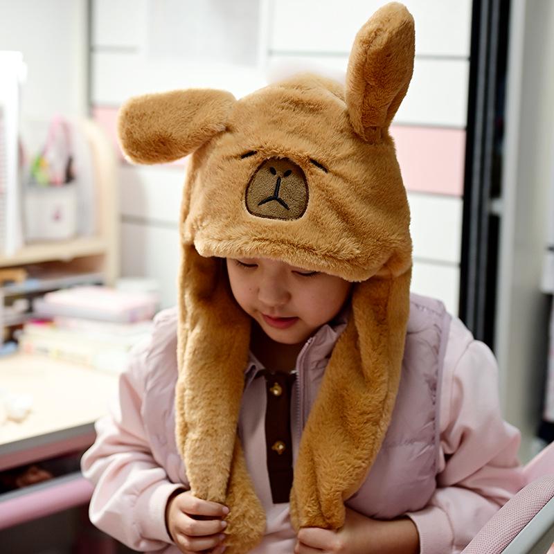 Net Celebrity Capybara Ear-Moving Plush Hat - Cute, Warm, and Neck-Protecting for Autumn and Winter