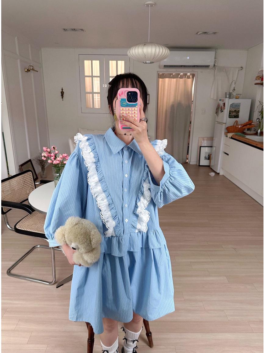 Korean Chic Spring 2026 Striped Lace Doll Dress for Women One Size синий