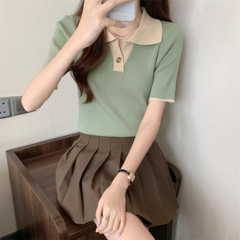 

Мода Літній Дизайн Чуття Ніша Ретро Колір Зіткнення Шик Тонкий В язаний Топ Повсякденний Літній Основний Комфорт і Стиль Slim Fit Светри Футболки One size зелений