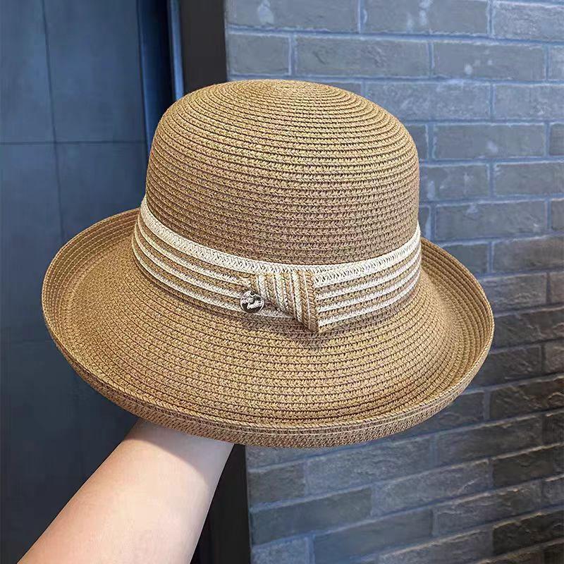 Gekräuselter Fischerhut Damen Britischer Stil Retro Eleganter Strohhut Frühling und Sommer Sonnenschutz Sonnenschutzhut Französische Zylinderhüte