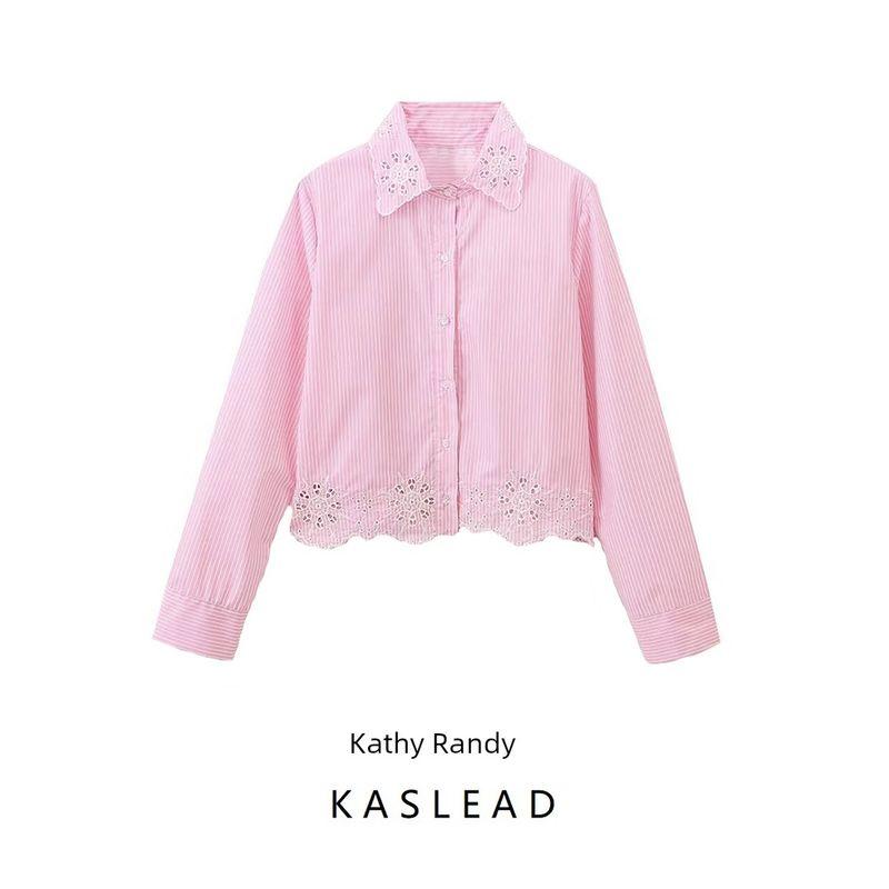 Kaslead New Arrival Women's Fashion Style Fashion Hollowed-out Embroider Stripes Shirt Pink 3564163
