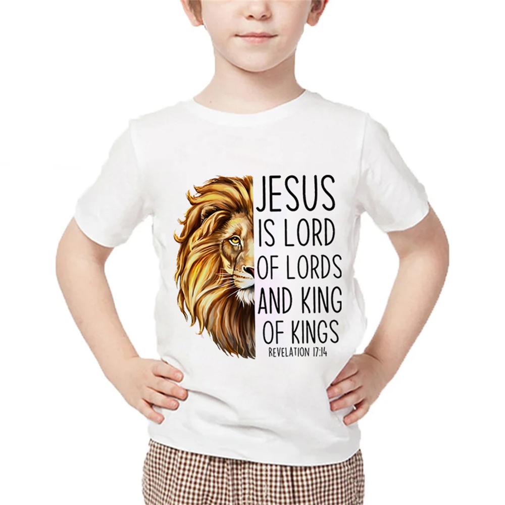 Kids Animal Tshirts Jesus Letter Graphic T Shirts Short Sleeve Clothes Child Boy Tee Shirts Cartoon Lion Print Children Clothes