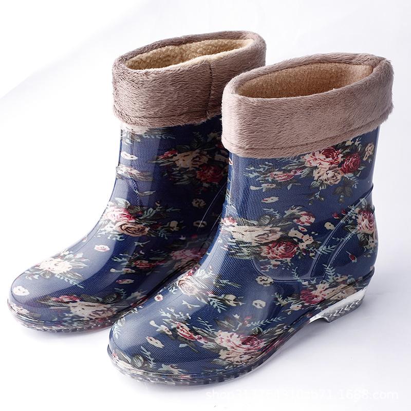 Water Shoes Medium and Low Tube Rain Shoes Women's Short Rain Boots Half Tube Water Boots Flower Cloth Adult Plus Cotton Lint Rainproof