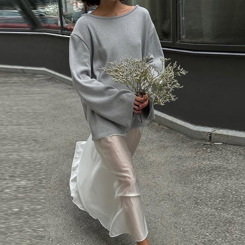 Cotton Pullover Overzie Sweater Women's Sexy Backless Loose Knit Sweater Round Neck Flared Sleeve Solid Color Pull Jumper Autumn/Winter 2025
