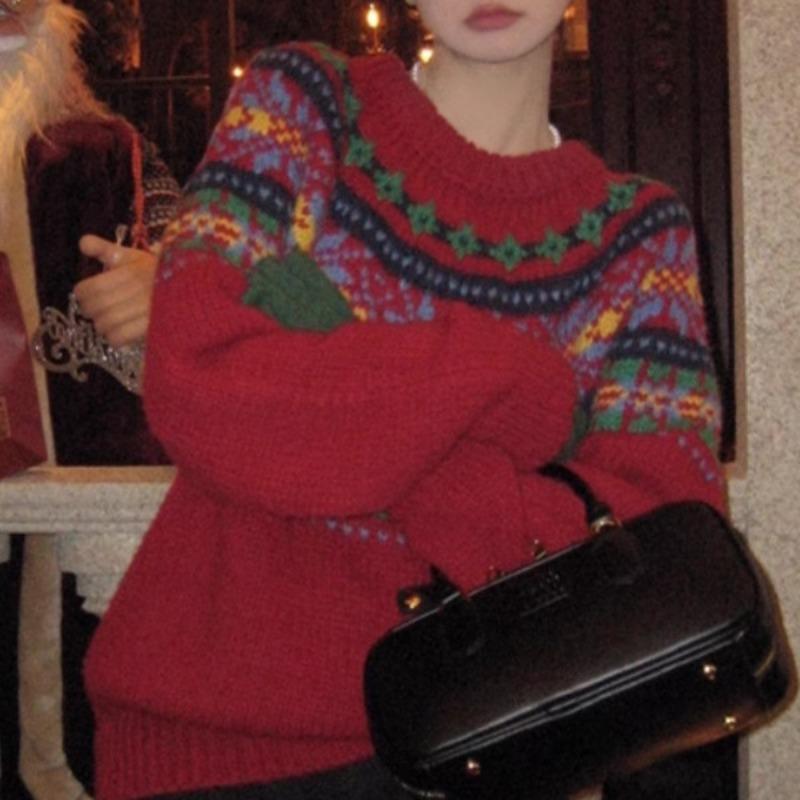 Fair Island New Red Vintage Christmas Sweater Women's Winter Loose Thick Lazy Wind Crew Neck Knitted Top New