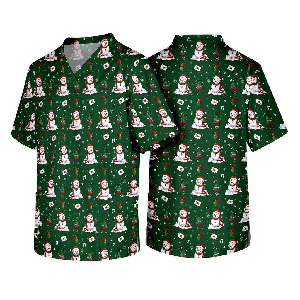 Men's Christmas Theme Caregiver Uniform, Holiday Scrub Top for Nurses and Workers