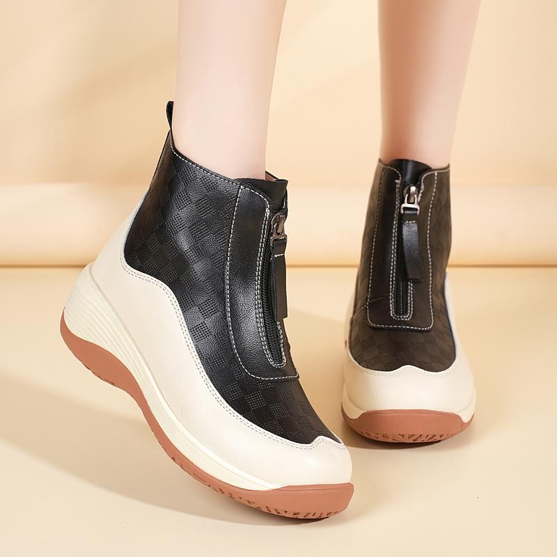 Chaussures de Sport à Plateforme pour Femmes Décontractées Bottines Noires en Cuir Chaussures à Semelle Compensée Baskets Hautes à Hauteur Augmentée