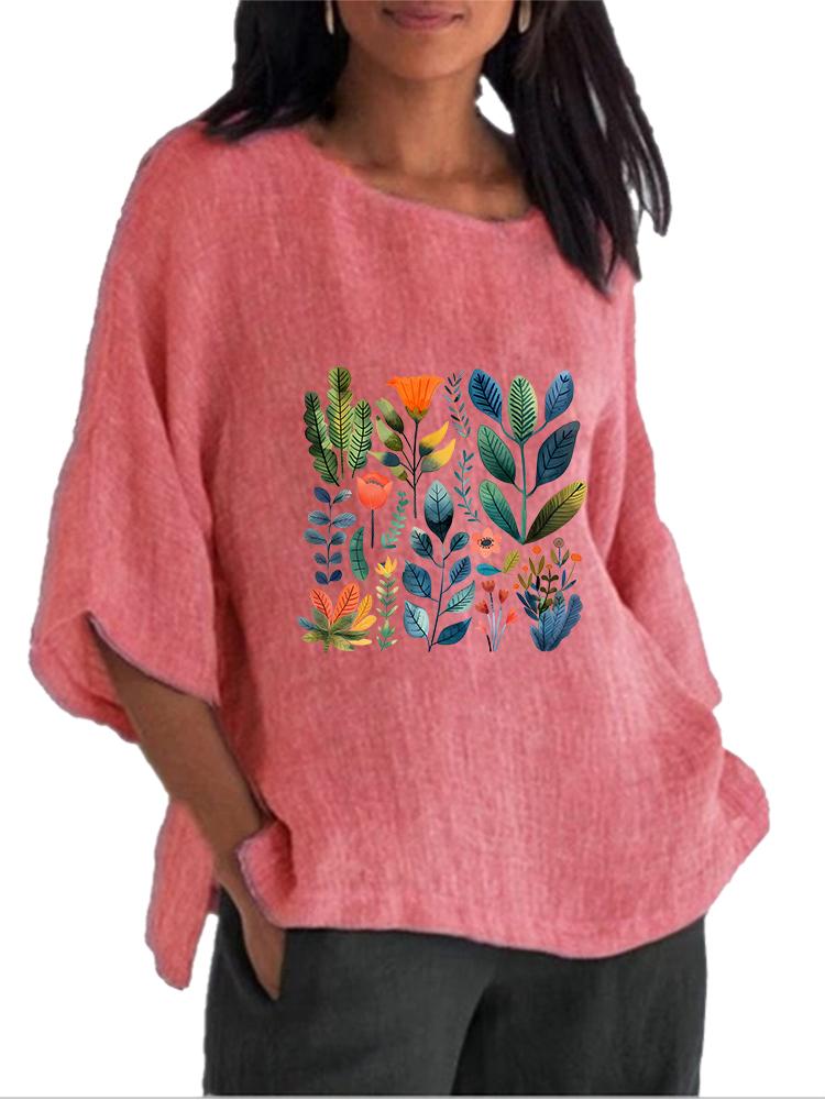 Women Fashion O Neck Print Shirt Spring&summer 3/4 Long Sleeved Top Ladies Cotton Linen Blouse