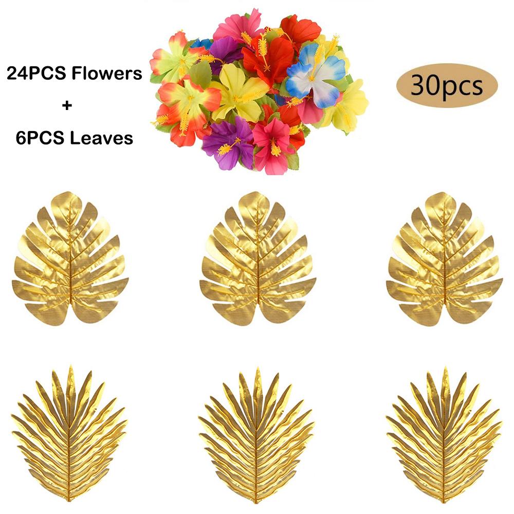 Tropical Monstera Palm Leaves Hibiscus Flower Hawaiian Luau Leaves Tropical Party Jungle Beach Table Decoration Wedding Birthday