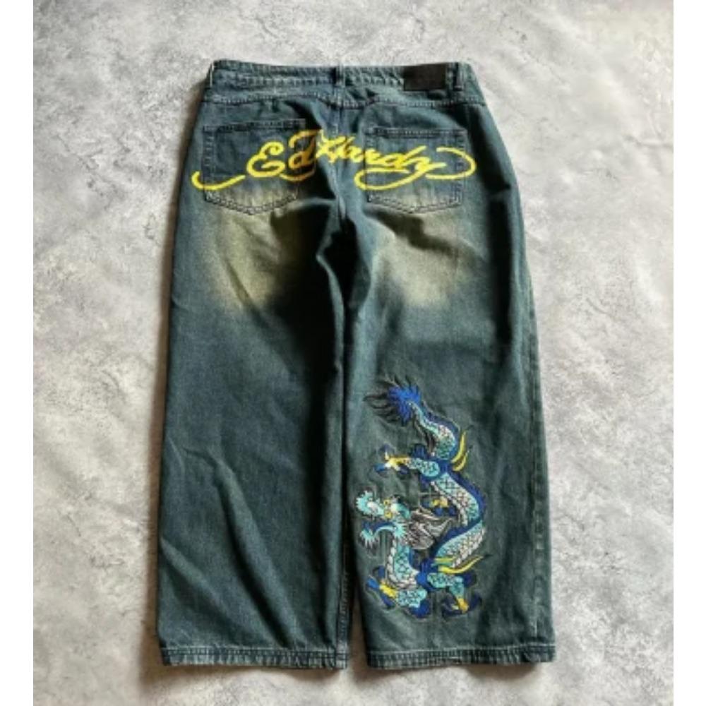 RogueWave European and American Retro High Street Hip-hop Oldschool Skull Embroidery Loose Casual Stylish Jeans Trousers