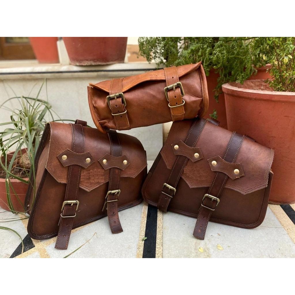 Motorcycle Leather Pouch Panniers Brown Side Saddle Bag Saddlebags Bags Tool 3