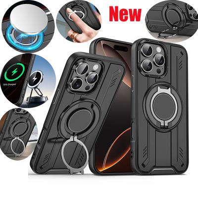 360°Rotating Metal Ring Car Holder Armor Wireless Charging Phone Case For iPhone 16 Pro Max E 14 13 12 11 15 Pro Max Back Cover
