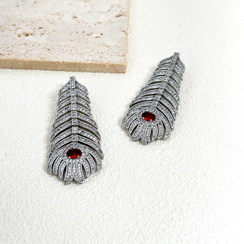 Manufacturer'S Supply Spring Retro Exquisite Feather Styling Brooch Slightly Inlaid With Zircon Exaggerated Earrings In Stock