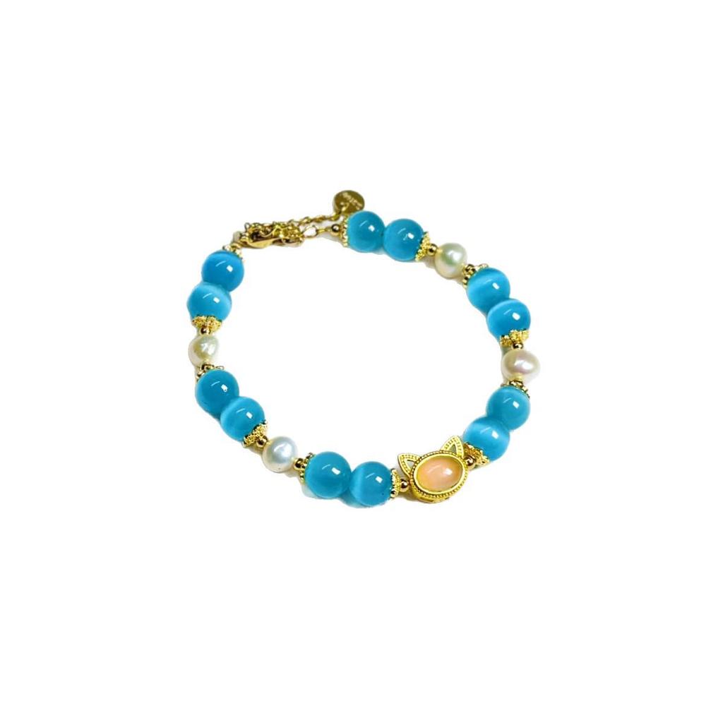 Cat's Eye Pearl & Agate Peach Bracelet - Cute Friendship Jewelry for Women and Students