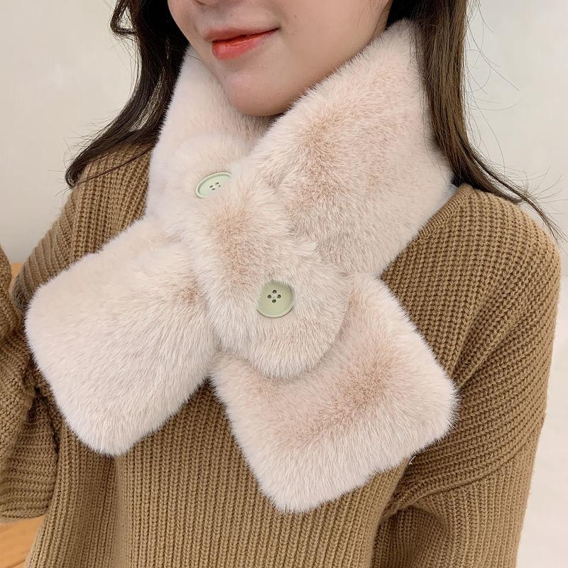 Furry Scarf Student Button Autumn and Winter Plush Girl Cross Warm Scarf Imitation Fur Rex Rabbit Fur Thickened Fur Collar