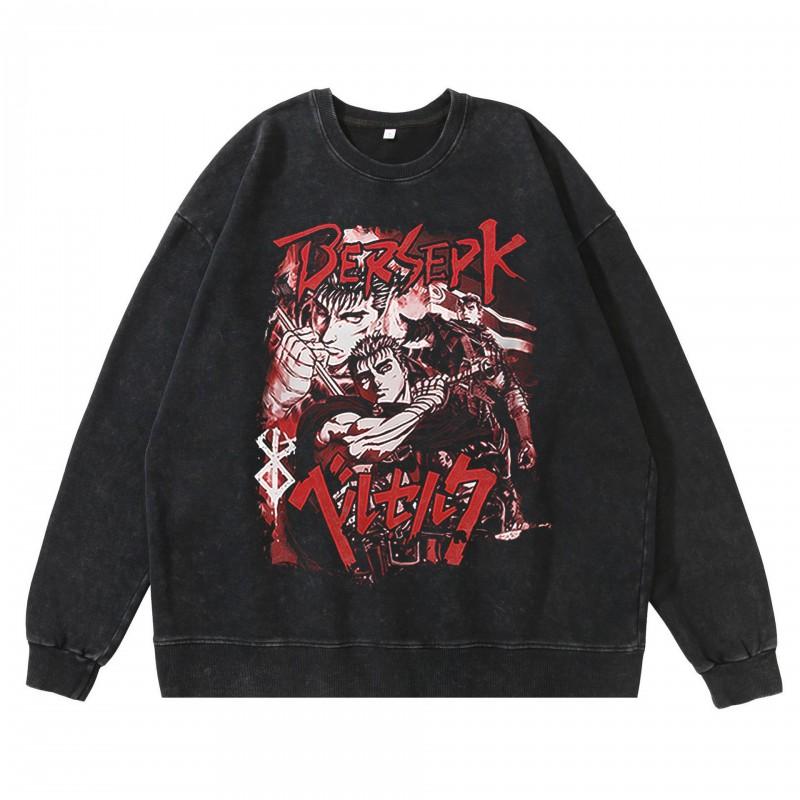 Heavyweight 360g Washed Vintage Berserk Anime Streetwear Cotton Pullover Hoodie-Free Crewneck Sweatshirt Men