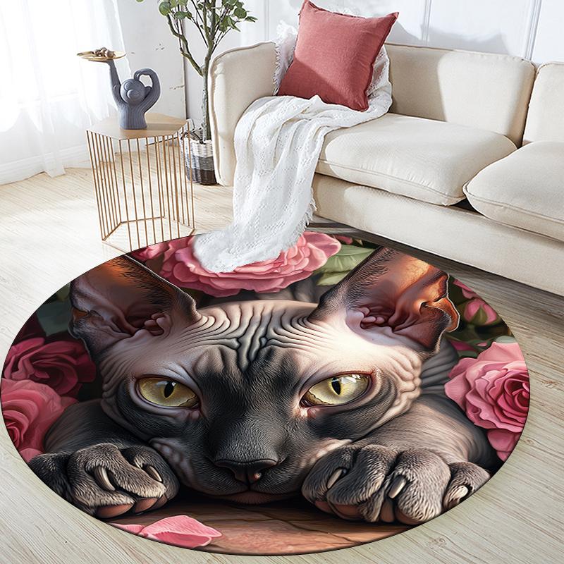 Sphynx Cat and Roses Pattern Round rug,Carpet Rug for Living Room Bedroom Sofa Playroom Decor,Non-slip Floor Mat,Holiday Gifts and Birthday Gifts