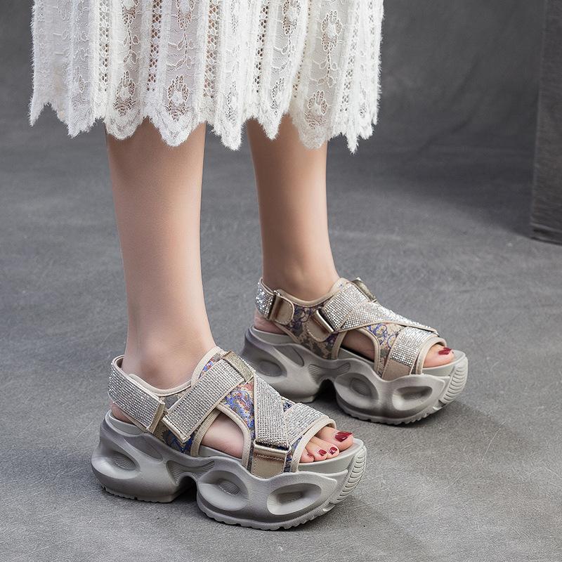 Fashion 6.5CM Synthetic Leather Summer Bling Mixed Color Fsahion Peep Toe Hollow Platform Wedge Chunky Sneaker Women Comfy Shoes