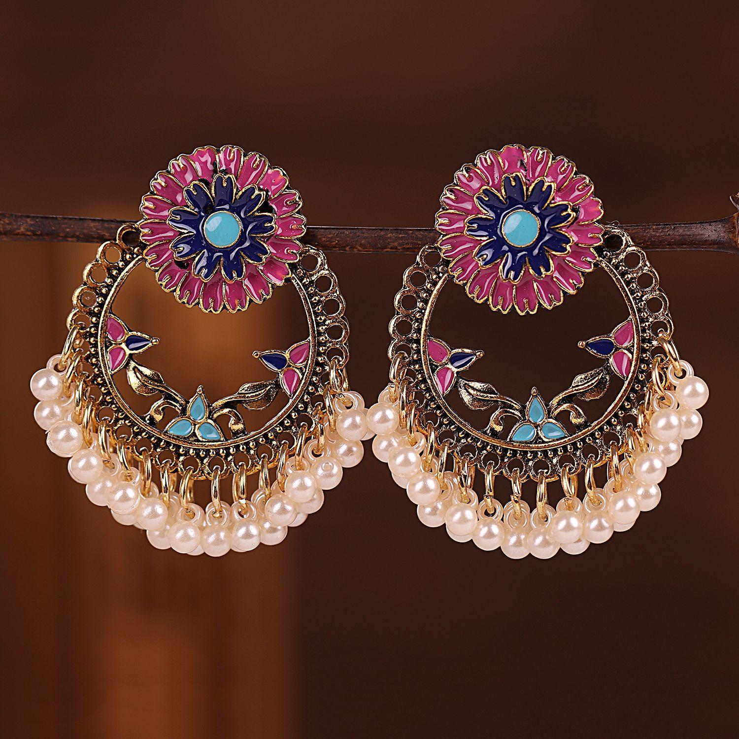 Vintage Women s Pink Flower Indian Earrings Boho Ethnic Enamel Hollow Pearl Beads Tassel Jhumka Earrings Wedding Jewelry Gift розовый