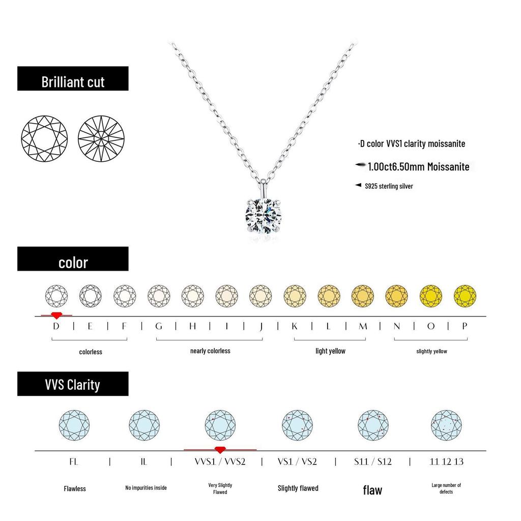 MODIAN 1 Carat Moissanite S925 Sterling Silver Necklace - Elegant & Luxurious, All-Match Clavicle Chain for Women