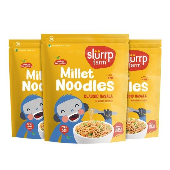 Slurrp Farm No Maida Millet Noodles | Not Fried, No MSG | Classic Masala Millet Noodles Pack of 3-192g Each 600GM