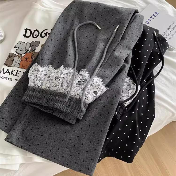 

Retro Polka Dot Lace Patchwork High Waist Wide Leg Pants - Spring/Autumn 2025 XXL