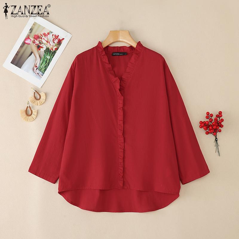 ZANZEA Women Casual V-Neck Solid Color Loose Long Sleeve Cotton Blouse