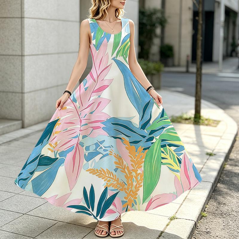 Tropical Plant Collection Flattering Sleeveless Floor-Length Maxi Dress Lightweight,Flowy Skirt,Vivid Colors Versatile for Daily Casual & Vacation