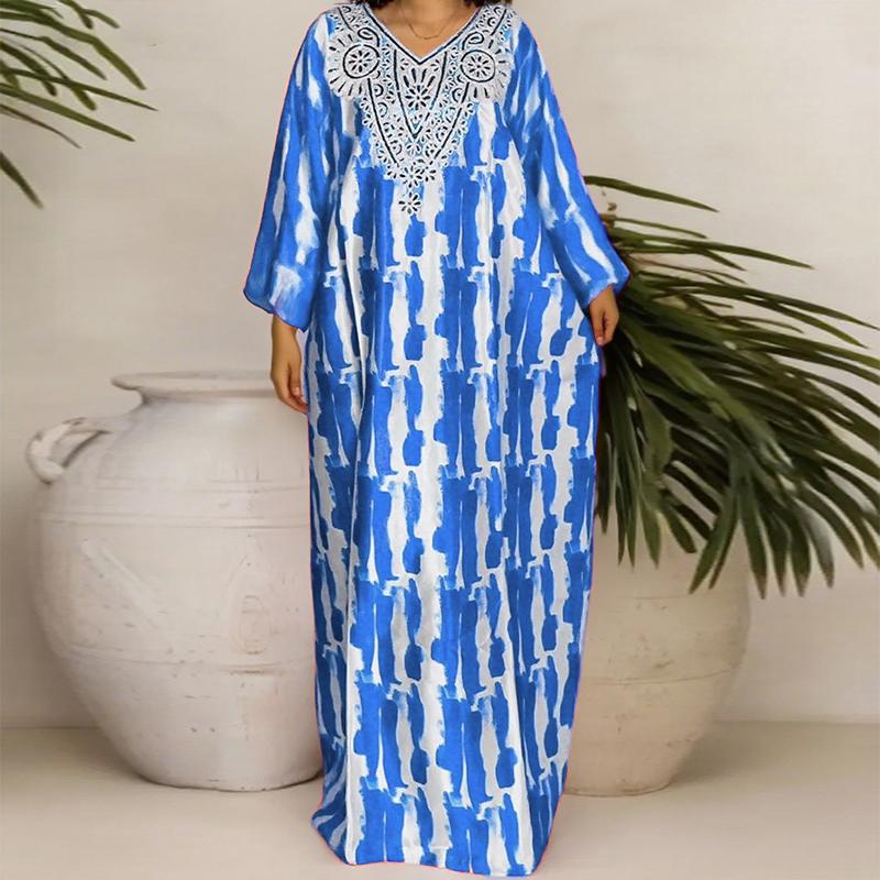 Oversized Women V Neck Long Sleeve Floral Print Casual Loose Maxi Kaftan Dress Robes
