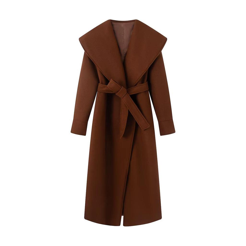 European Style Women's Woolen Coat with Belted Waist and Lapel