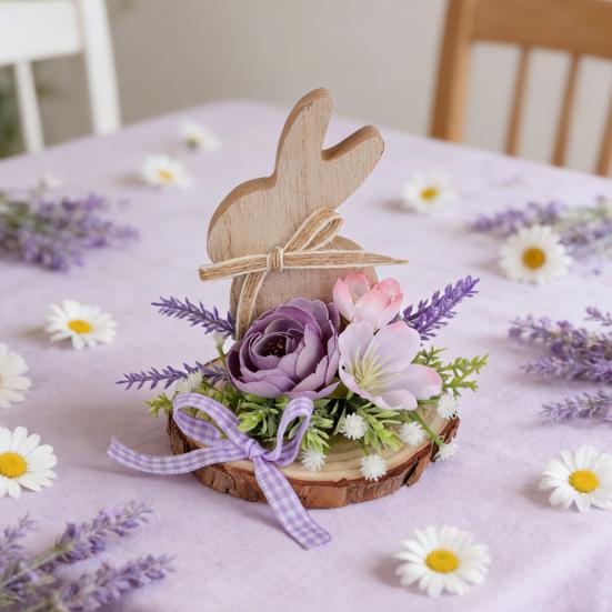 Easter Bunny Wooden Sign Desktop Bunny Ornament with Artificial Flower Spring Party Tabletop Centerpiece for Tiered Tray Home Decor