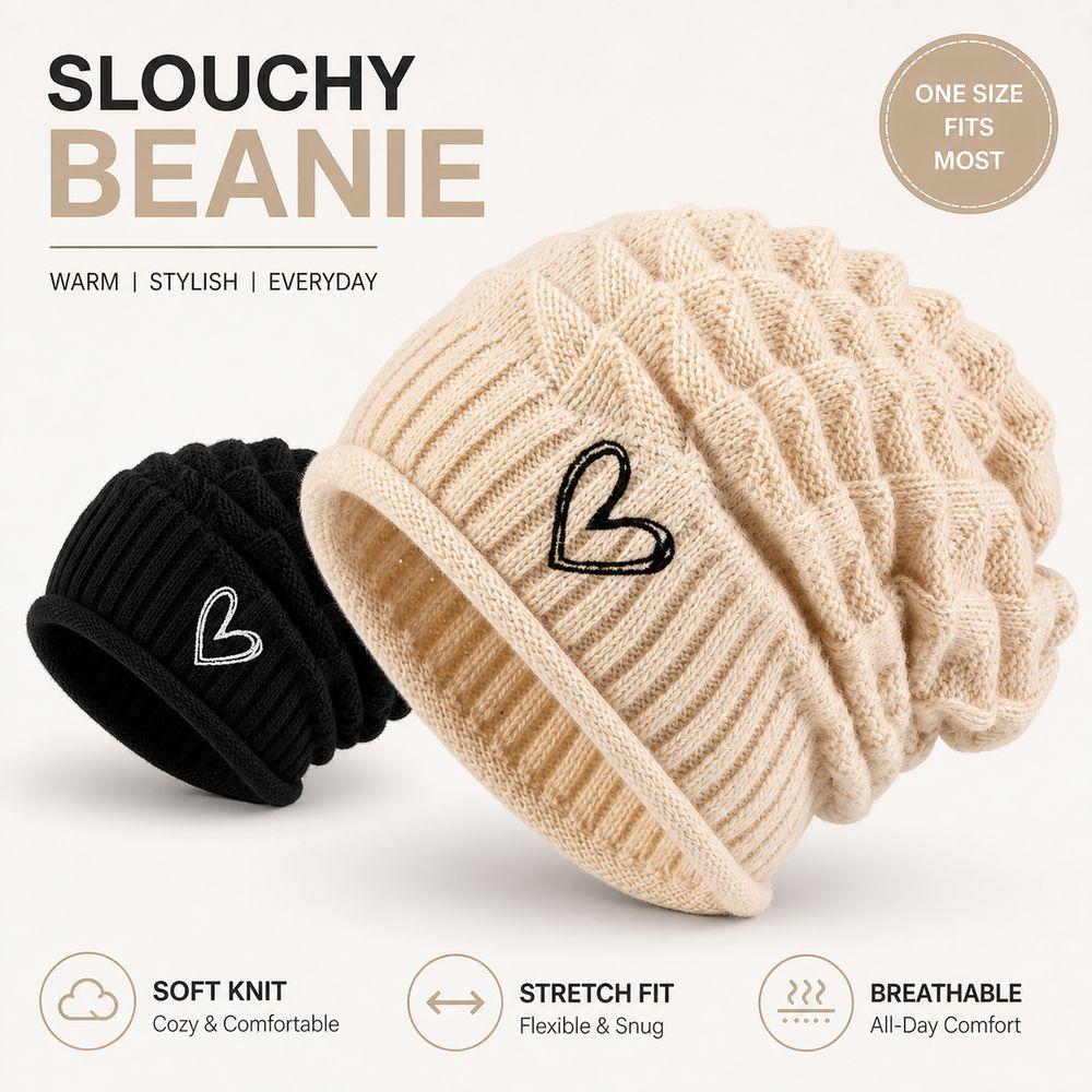 Embroidered Heart Cable Knit Beanie Foldover Cuff Cuffed Winter Hat for Women and Men