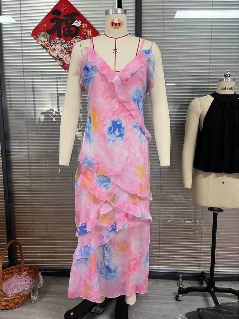 Elegant Women's V-Neck Ruffle Backless Long Dress - Sleeveless and Stylish