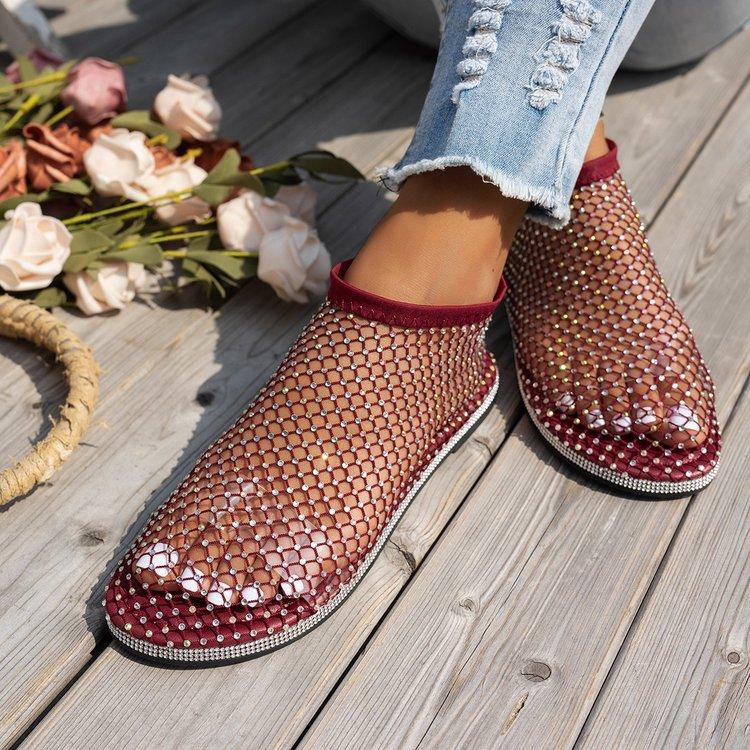 Fashion Women's New Round Toe Luxury  Flat Bottom Hollow Short Boots Water Diamond Sexy Flat Bottom Banquet Sandals
