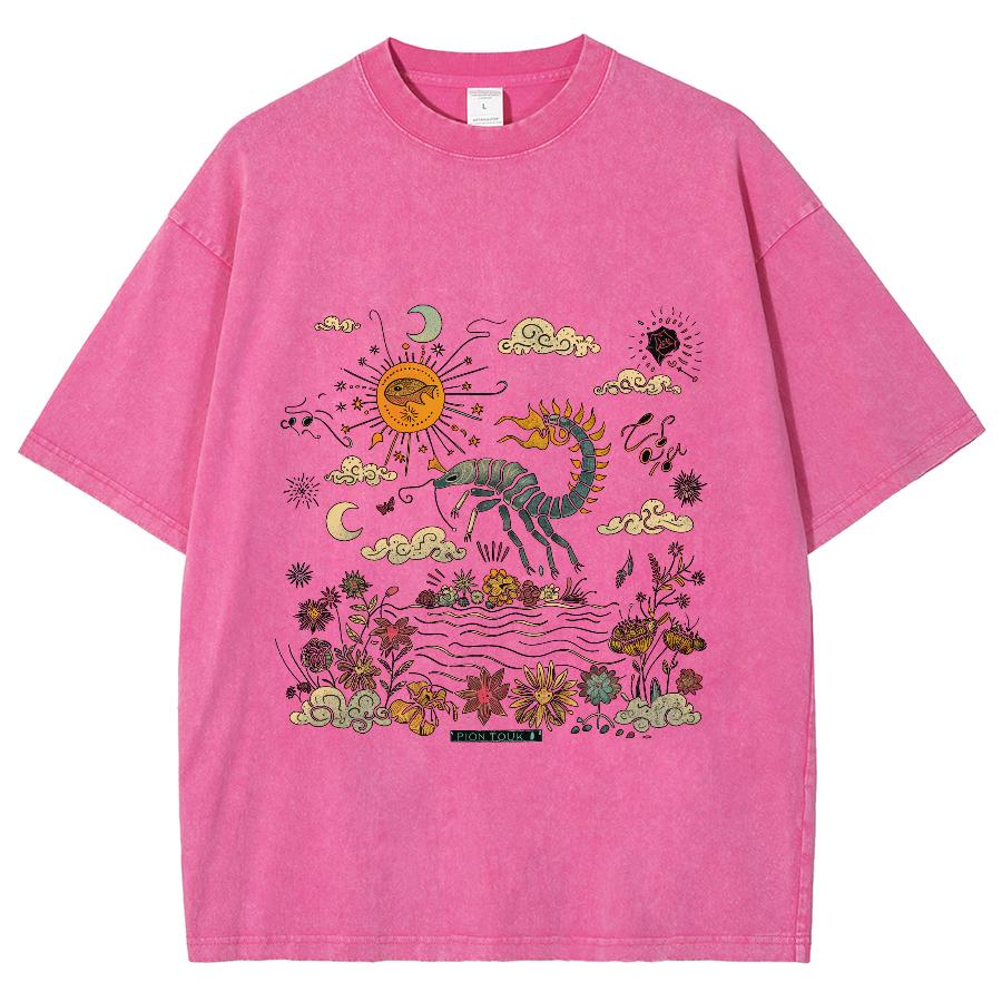 

Мультяшный принт пейзажа Простой стиль Женская футболка Унисекс Стирка Круглый вырез Короткий рукав Винтажная Потертая Базовая футболка 3XL