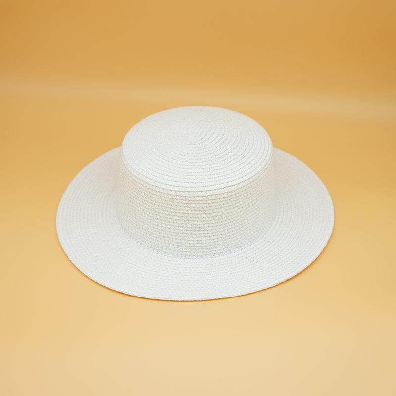 

French Retro White Strappy Flat Top Top Hat Trendy Girl Summer Versatile Wide Brim Panama Sunshade Sunscreen Foreign Trade Straw Hat M（56-58cm）