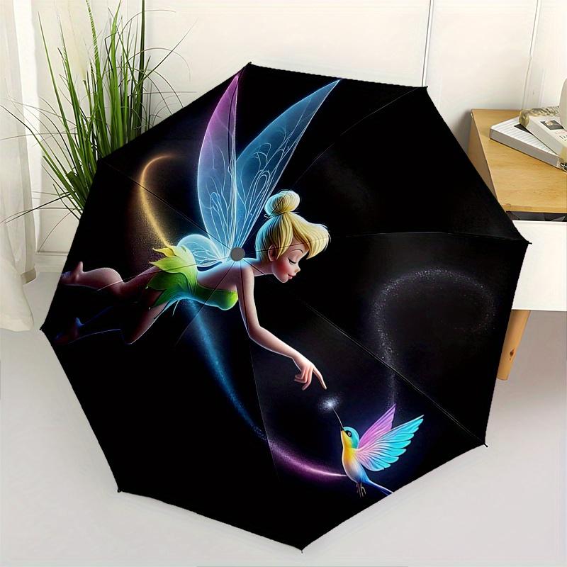 Disney Tinker Bell Automatic Open/Close Umbrella - Cute Umbrella with Cute Design, Portable 3-Fold Compact Umbrella for Men & Women, Valenti